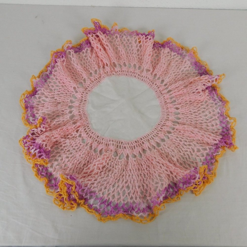 Handmade Crochet Doily Fabric Center 18" Dia Table Topper Pink Purple Yellow